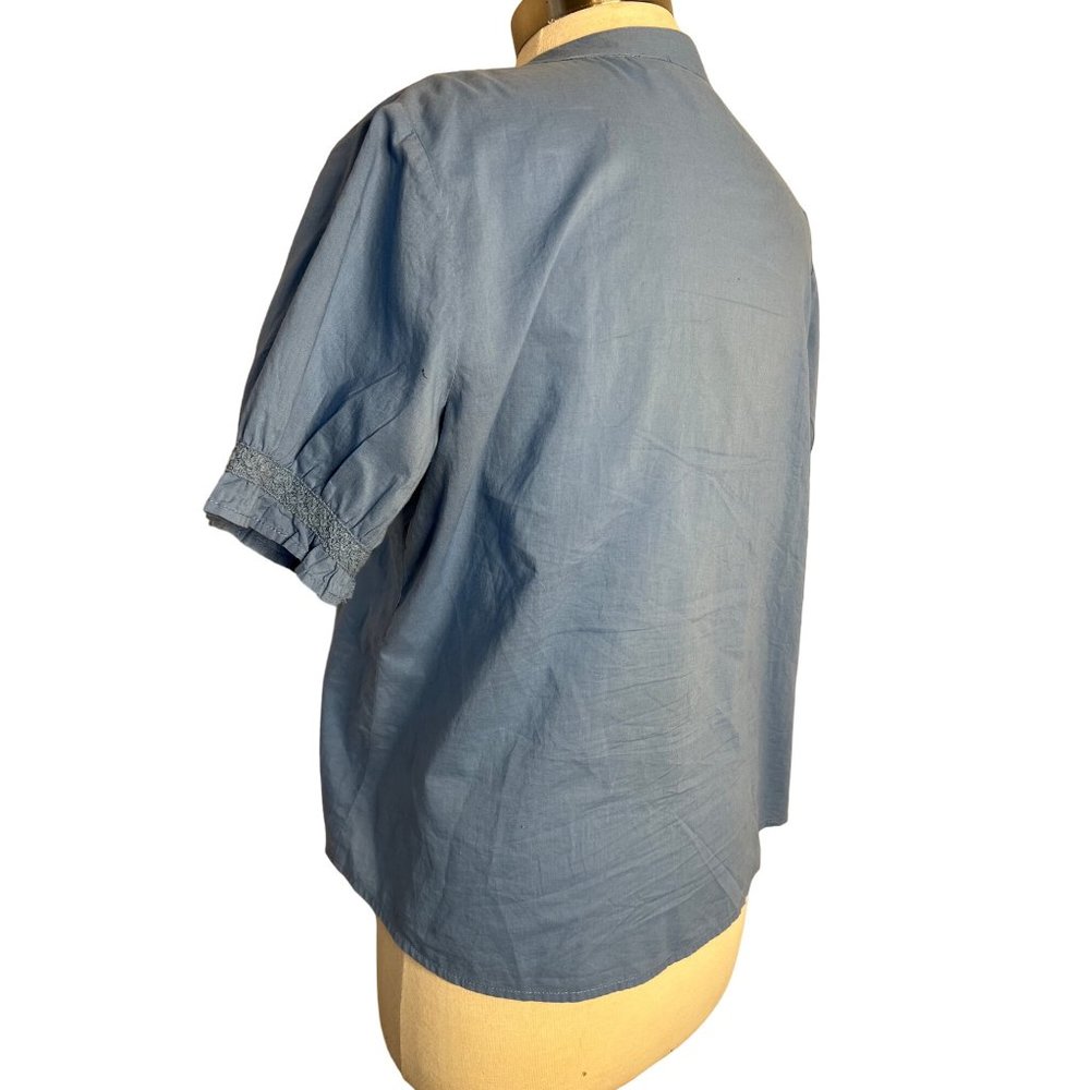 Take two clothing company blouse 14 blue short sleeve V-neck cotton button up - Picture 6 of 16